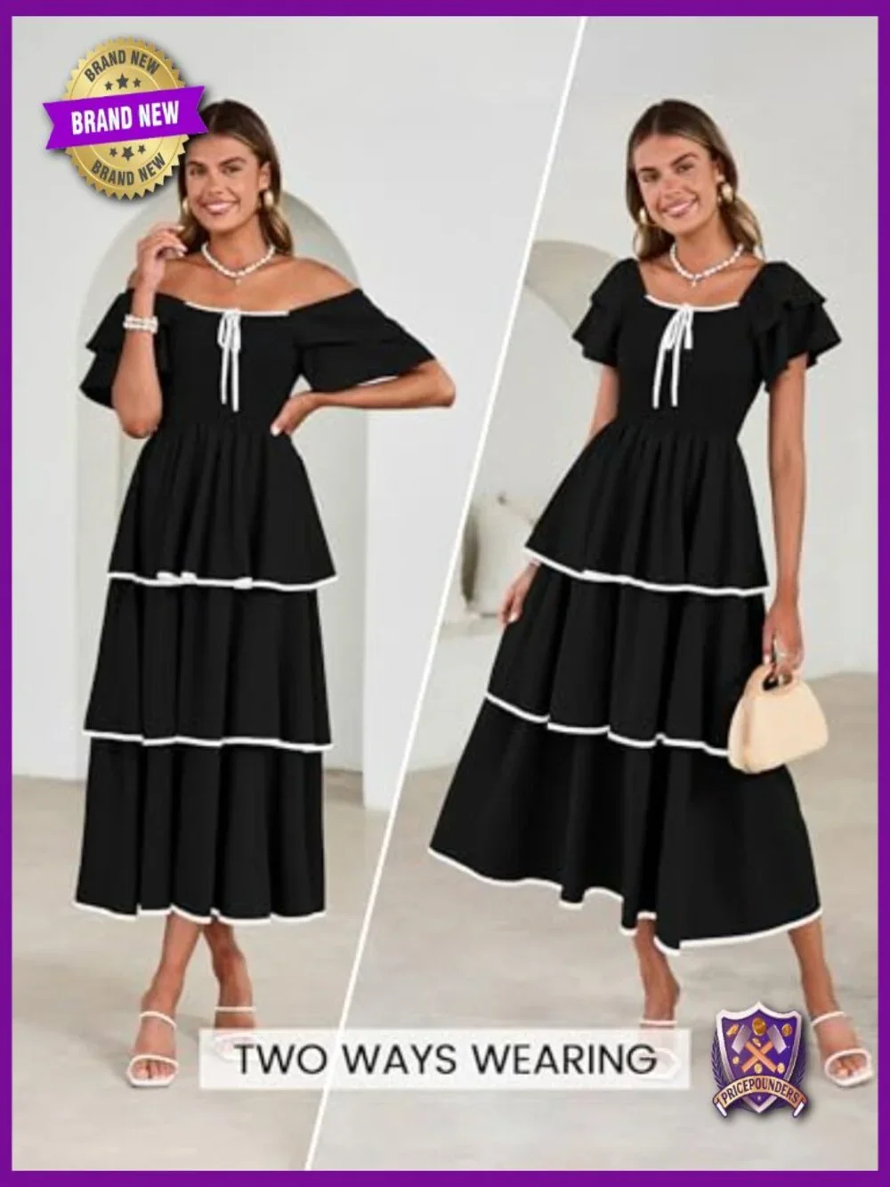 Smocked Tiered Midi Dress Square Neck Ruffle Short Sleeve Boho Flowy Guest - Picture 2 of 7
